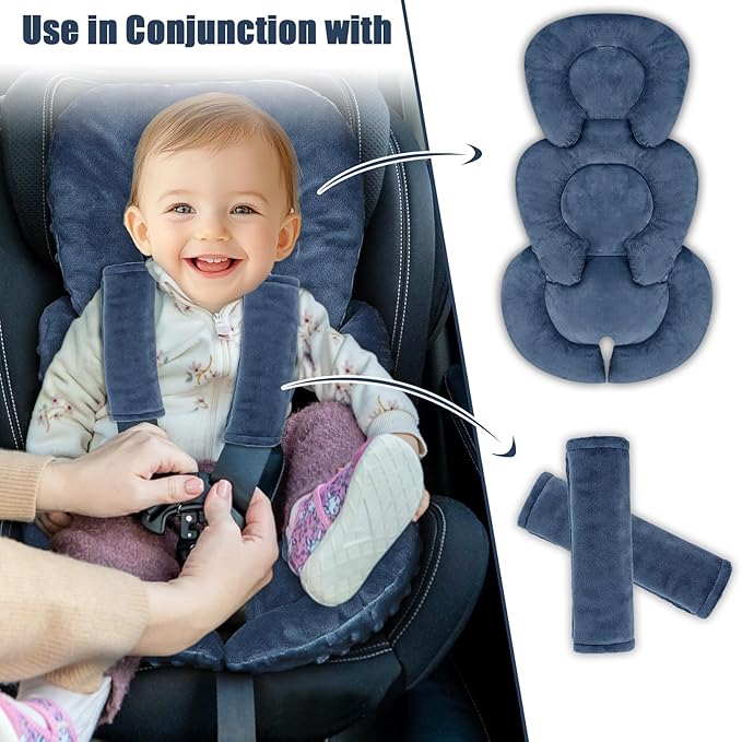 Infant Car Seat Insert Head and Body Support, GFU Reversible Newborn Insert for Carseat with Strap Pads, Soft Stroller Cushion Pillow Insert for Boys and Girls, Fits for Stroller, Swing, Blue-CubbioJoy