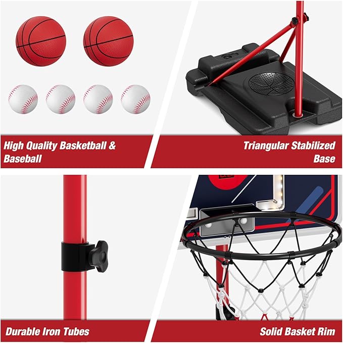 4 in 1 Kids Basketball Hoop and Tball Set for Toddlers 3-5, Basketball Goal with Scoreboard & LED, Hanging Tee Ball Stand with Baseball Pitching Machine, Indoor Outdoor Sport Toys for Boys 4-8-CubbioJoy