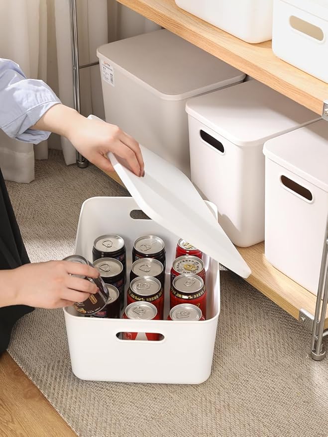 4 pack large plastic White storage bins Baskets, Toy Box Chest with Lids and Handle，Organizer Containers for Baby，Kids,snacks,Nursery，Shelves，Playroom, Bedroom，Office,Closet，home-CubbioJoy