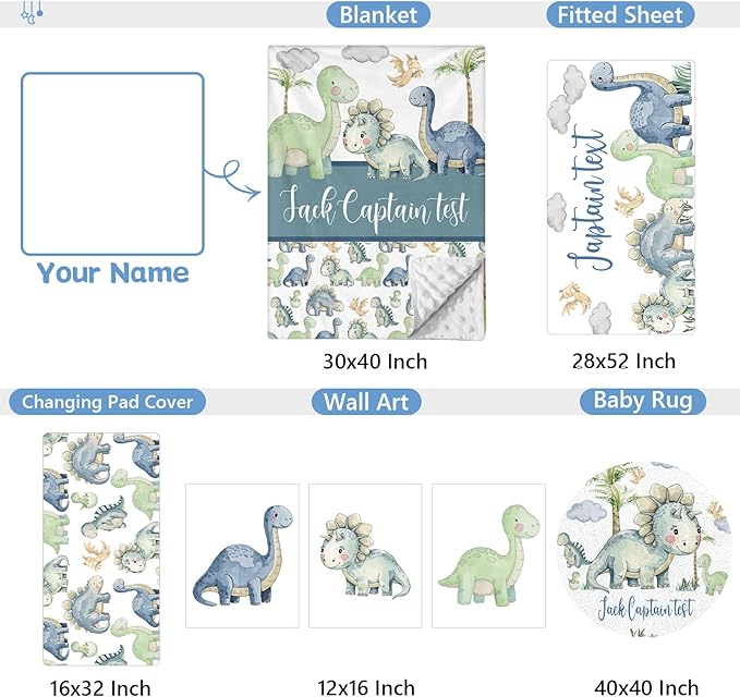 Custom Baby Crib Bedding Set, 5 Pcs Personalized Name Green Dino Baby Crib Set for Kid Infant Toddler, Double Layer Customized Present-CubbioJoy