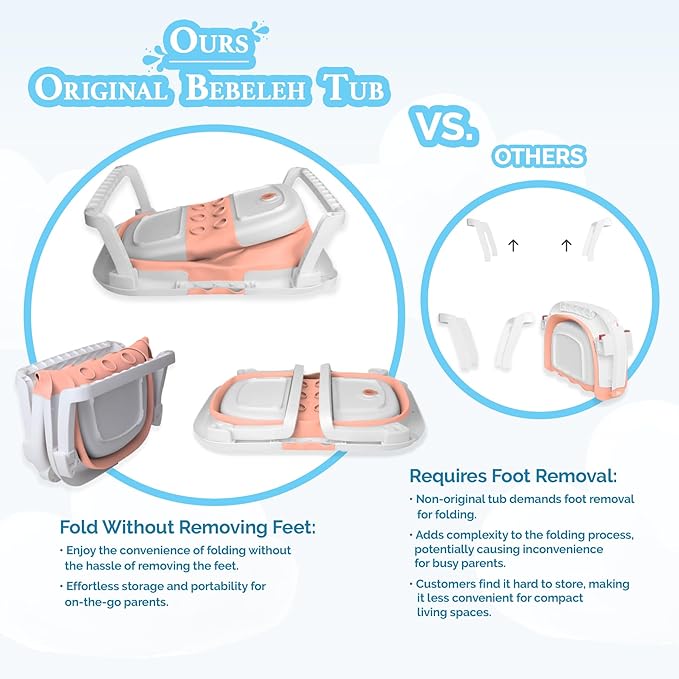 BEBELEH™ Collapsible Baby Bathtub with Thermometer – Bathtub + Baby tub Sling + Newborn Sling – Baby Bathtub Newborn to Toddler 0-24 Months – The Ultimate Baby Bath tub! (with Thermometer,Pink)-CubbioJoy