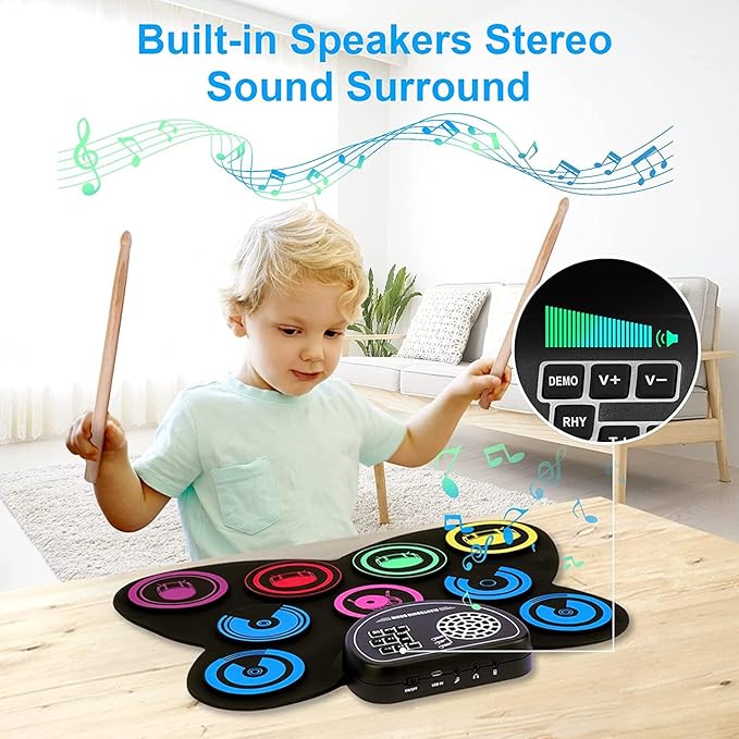 9-Pads Electronic Drum Set with Headphone Jack Speaker Drumsticks & Pedals, Holiday Gifts for Kids-CubbioJoy