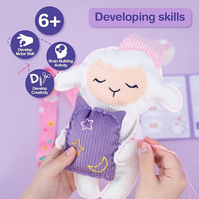 Avenir Sewing Kit for Kids Birthday Gifts for Kids Aged 6 Corduroy Fabric With Shoulder Strap Safe Needles Pre-cut Felt Easy DIY Arts and Crafts for Boys and Girls Stuff No Mess with Full Instructions-CubbioJoy