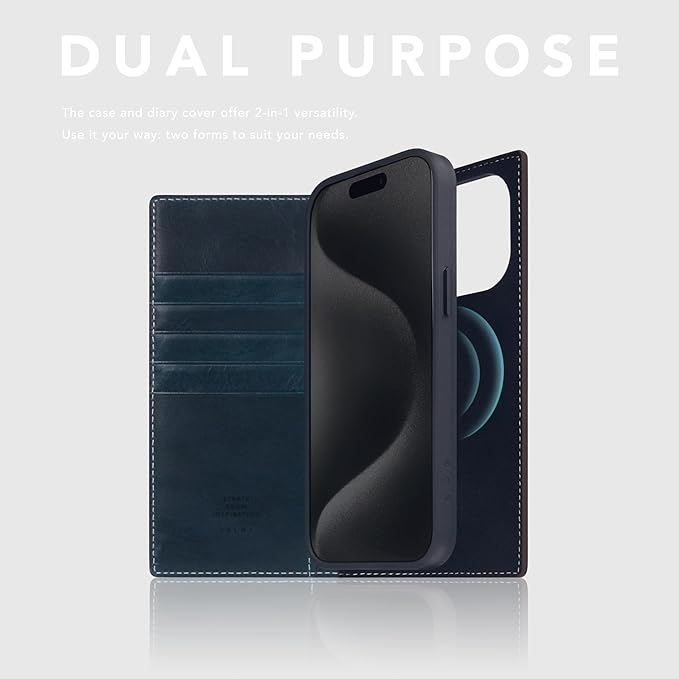 D7 Italian Wax Leather Wallet Case for iPhone 15 Pro Max - [2-in-1] Handcrafted Detachable Diary Style with Magnetic MagSafe Back Cover, Gift Box Included (Blue)-CubbioJoy