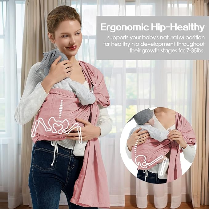 Baby Wrap Ring Sling 7-35 lbs, Baby Sling Carrier for Newborn, Toddler, Infant Holder, Lightweight Baby Carrier Wraps, Pink-CubbioJoy