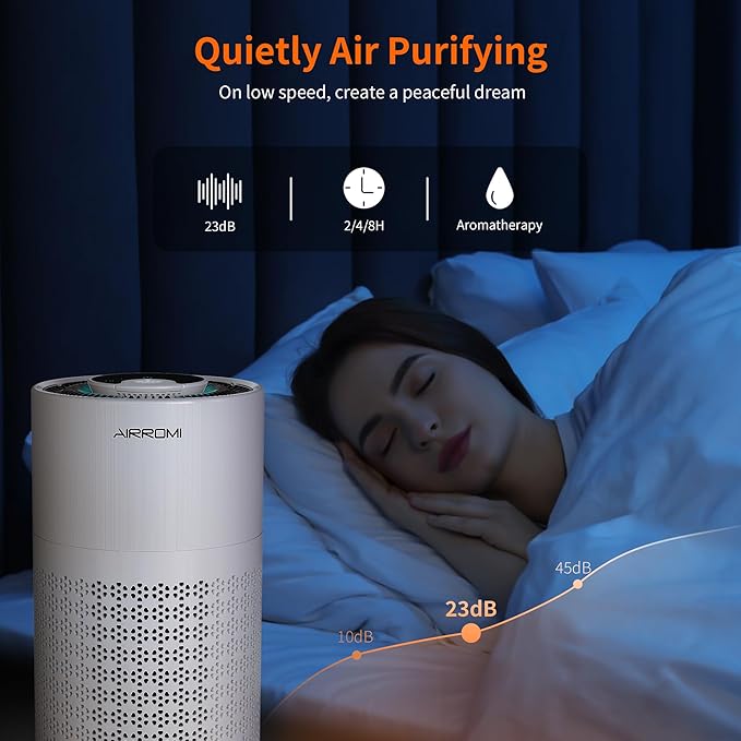 AIRROMI Air Purifier for Bedroom with HEPA 3-in-1 Filter, Pet Air Purifier for Home Cat Pee Smell, Covers Upto 990 Ft², Quiet 360° intake Air Cleaner for pet hair,allergies,Dust,Smoke A2001 White-CubbioJoy