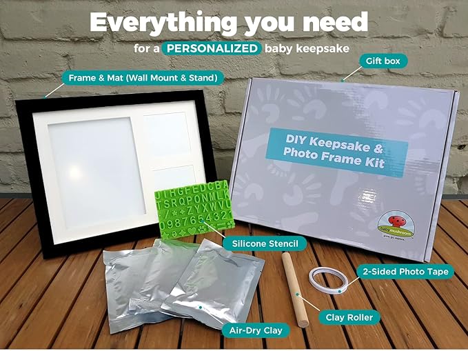 Baby Hand & Footprint Clay Keepsake Photo Frame Kit - w/Silicone Stencil for a Personalized Gift. Wood Frame, Wall/Table Mount. Perfect Registry, Baby Shower, New Mom, Birthday & Newborn Gift - Black-CubbioJoy