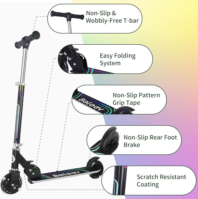 BELEEV V2 Scooters for Kids with Light-Up Wheels & Stem & Deck, 2 Wheel Folding Scooter for Girls Boys, 3 Adjustable Height, Non-Slip Pattern Deck, Lightweight Kick Scooter for Children Ages 3-12-CubbioJoy