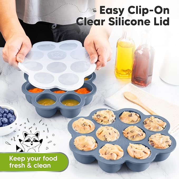 KeaBabies Silicone Food Freezer Trays with Lid, 2oz x 10 Pods Baby Food Storage Containers, Easy Puree Meal Prep, Breast Milk Silicone Freezer Molds, Dishwasher, Microwave Safe, BPA-Free (Slate)-CubbioJoy