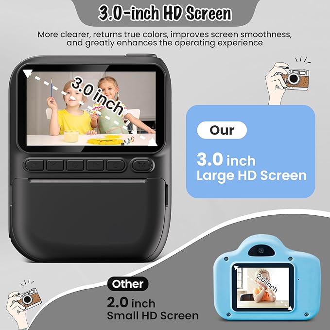 Instant Print Camera for Kids, 3.0" HD 1080P Digital Video Cameras with 3 Rolls of Printer Paper for Toddler, Birthday Gifts Toy for Girls Boys with 32GB SD Card (3.0 Style, Black)-CubbioJoy