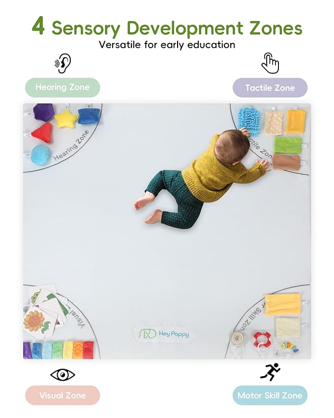 Baby Play Mat, 50''x50'' Playpen Mats with 4 Sensory Development Zones for Motor Skills, Unique Crawling Mats with Non-Slip Cushioned That Fits Nicely into Any Playroom, Grey-CubbioJoy