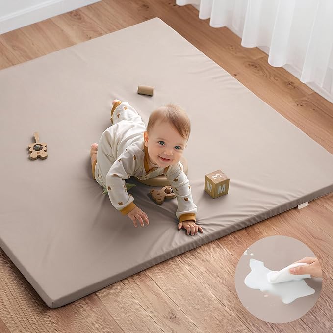 Blissful Diary Vegan Leather Baby Play Mat, 47x47 Thicken Foam Cushioned & Waterproof Playpen Mat for Infants and Toddlers, Stylish and Just Wipe-Clean Playmat for Baby Play on Floor, Taupe-CubbioJoy
