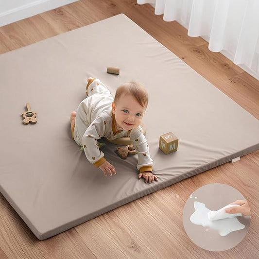 Blissful Diary Vegan Leather Baby Play Mat, 47x47 Thicken Foam Cushioned & Waterproof Playpen Mat for Infants and Toddlers, Stylish and Just Wipe-Clean Playmat for Baby Play on Floor, Taupe-CubbioJoy