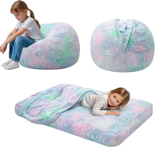 COMAX Kids Bean Bag Chair Turn into Beanbag Bed, Unicorn Toddler Bean Chair for Girl Boy Sleeping, Lazy Children Sofa Couch with Filler, Convertible Child Floor Mattress, Colorful Star-CubbioJoy