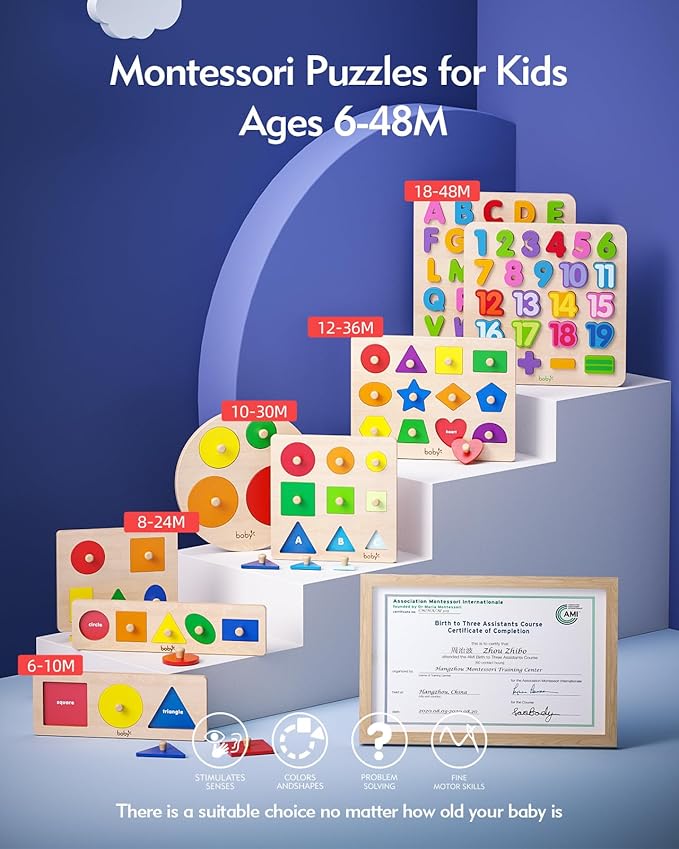 Boby Shape Color Puzzle for Toddlers 1-3, Montessori Learning Toys for 1 + Year Old Girl, Jumbo Knob Wooden Pegged Chunky Shapes Puzzles for Kids Ages 3, Baby Educational Toys 12-18-24 Months Boys-CubbioJoy