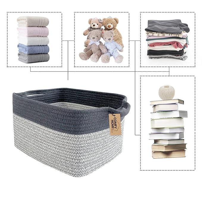 COMFY-HOMI Cotton Rope Woven Basket with Handles for Shelves,Toys,Book, Cloth Storage Baskets Bin for Organizing-13.5"x11"x9.5" Toy Decorative Organizer for Living Room, Bathroom-Light Grey-CubbioJoy