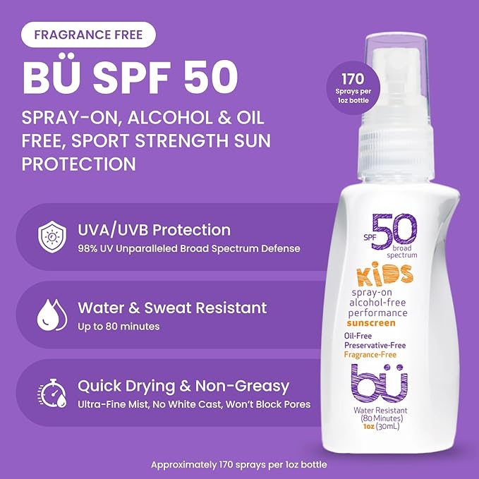 BU SPF 50 Fragrance Free Kids Sunscreen Spray for Face and Body, TSA Travel Size Sunscreen, Clear Non Aeorsol Spray, Non Greasy, Water Resistant and Oil Free, 1 oz (4-pack)-CubbioJoy