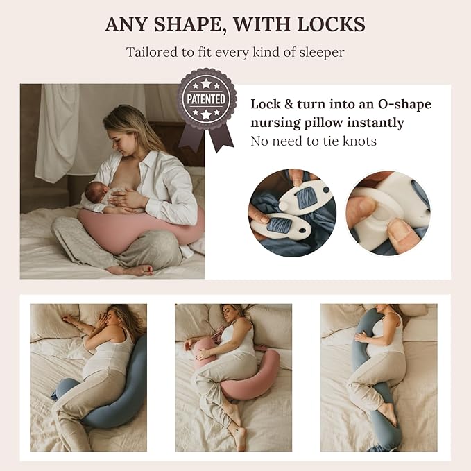 Cuddobaby Pregnancy Pillow 5-in-1 【Cooling Cover, Adjustable Firmness】 Patented Lock Design, Turn into O-Shape Nursing Pillow, 5-Point Full Body Support, Maternity Pillow with Travel Bag - Pink-CubbioJoy