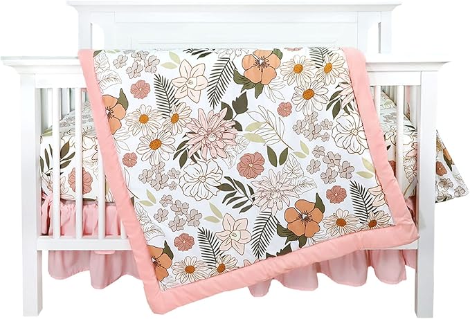 4-Piece Crib Bedding Set for Girls, Pink Baby Girl Bedding Set with Crib Skirt, Baby Quilt, Crib Sheet and Diaper Stacker, Daisy Flower-CubbioJoy