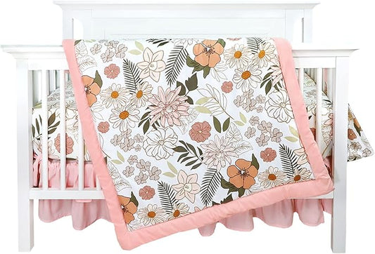 4-Piece Crib Bedding Set for Girls, Pink Baby Girl Bedding Set with Crib Skirt, Baby Quilt, Crib Sheet and Diaper Stacker, Daisy Flower-CubbioJoy