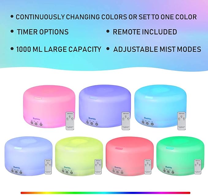 BlueHills Premium 1000 ML XL Essential Oil Diffuser Aromatherapy Humidifier with Remote for Large Room Home 18 Hour Run Huge Coverage Area 1 Liter Mood Lights Extra Large Capacity White D001-CubbioJoy