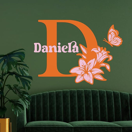 CRYPTONITE Custom Name & Initial with Lily and Butterfly I Flower Wall Decals for Bedroom Decor | Custom Decal for Girl Bedroom Decor I Pink Room Decor for Little Girl Room Decor (B. Flower)-CubbioJoy