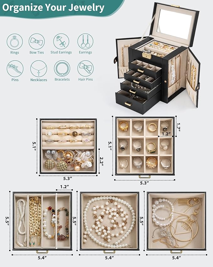 AKOZLIN 5-Tier Jewelry Box Leather Jewelry Storage Organizer with 4 Drawers Lockable for Women Girls Ring Necklace Earring Bracelet Watches Holder with Mirror Black-CubbioJoy