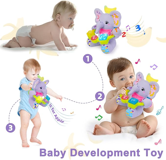 Baby Elephant Musical Stuffed Animals Toy with Light-Up Music & Crinkle Sound Paper,Infant Bilingual Early Learning Education Toys,Tummy Time Toys for 0-3-6-12+ Months Boy Girl, Purple-CubbioJoy