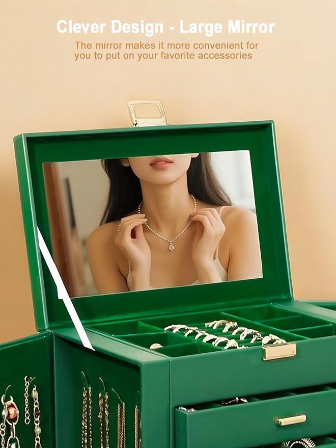 BOOVO Jewelry Box For women, 6 Layer Large Jewelry Organizer With Mirror, Multi-Function Storage Box With Lock, Necklace Holder With 5 Drawers, For Earrings Necklace Bracelet (Green and Gold)-CubbioJoy