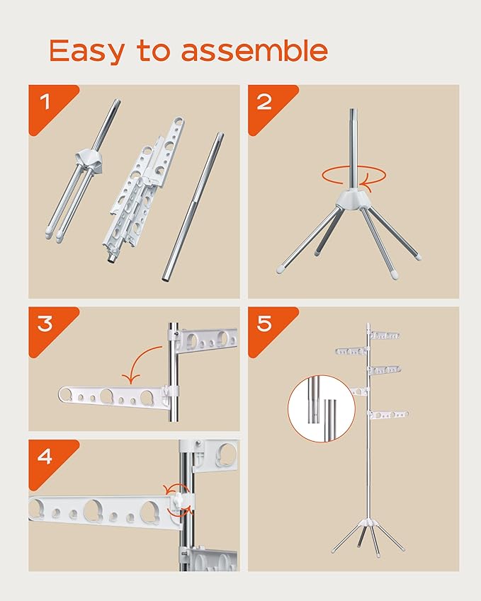Clothes Drying Rack Foldable, 70.9 inch Tripod Drying Rack for 35 Pieces of Clothes, with Height-Adjustable Rotatable Clothes Rails, Space Saving, Stainless Steel, White and Silver CDR005W01-CubbioJoy