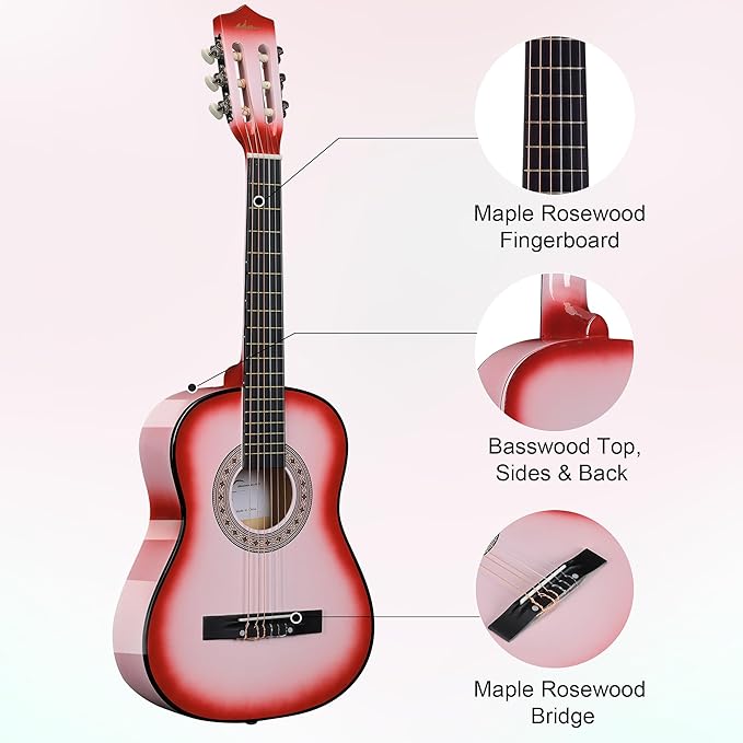 ADM Beginner Acoustic Classical Guitar 34 Inch Nylon Strings Wooden Guitar Bundle Kit for Kid Boy Girl Student Youth Guitarra Online Lessons with Gig Bag, Strap, Tuner, Strings, Picks, Pink-CubbioJoy
