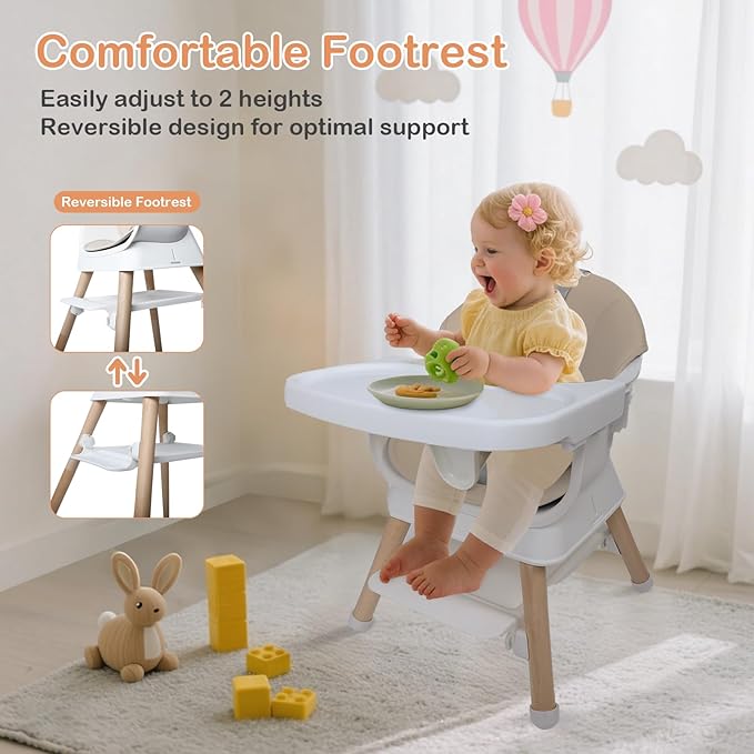 9 in 1 Convertible Baby High Chair with Booster, Wooden Highchair for Babies and Toddlers with Adjustable Tray & 5-Point Harness, Multi-Functional Growing Seat for Feeding, Learning & Play, Beige-CubbioJoy