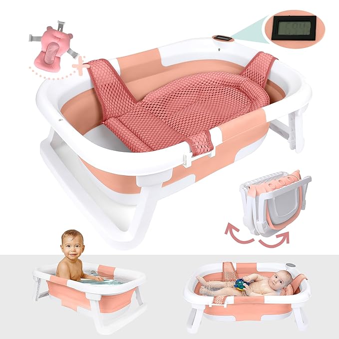 BEBELEH™ Collapsible Baby Bathtub with Thermometer – Bathtub + Baby tub Sling + Newborn Sling – Baby Bathtub Newborn to Toddler 0-24 Months – The Ultimate Baby Bath tub! (with Thermometer,Pink)-CubbioJoy