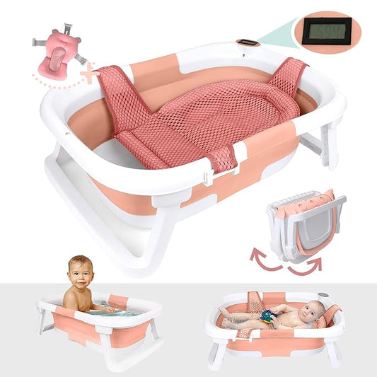BEBELEH™ Collapsible Baby Bathtub with Thermometer – Bathtub + Baby tub Sling + Newborn Sling – Baby Bathtub Newborn to Toddler 0-24 Months – The Ultimate Baby Bath tub! (with Thermometer,Pink)-CubbioJoy