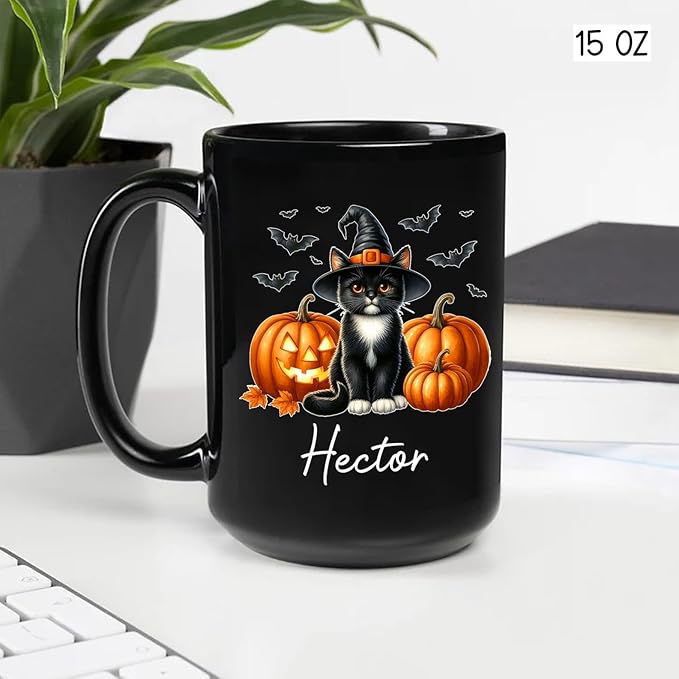 Custom Tuxedo Halloween Coffee Mugs with Name, Personalized Tuxedo with Pumpkins Ceramic Cups, Cat Wearing Witch Hat Black Mug, Cat Halloween Cup 11oz 15oz, Gift for Men Women Pet Lover-CubbioJoy