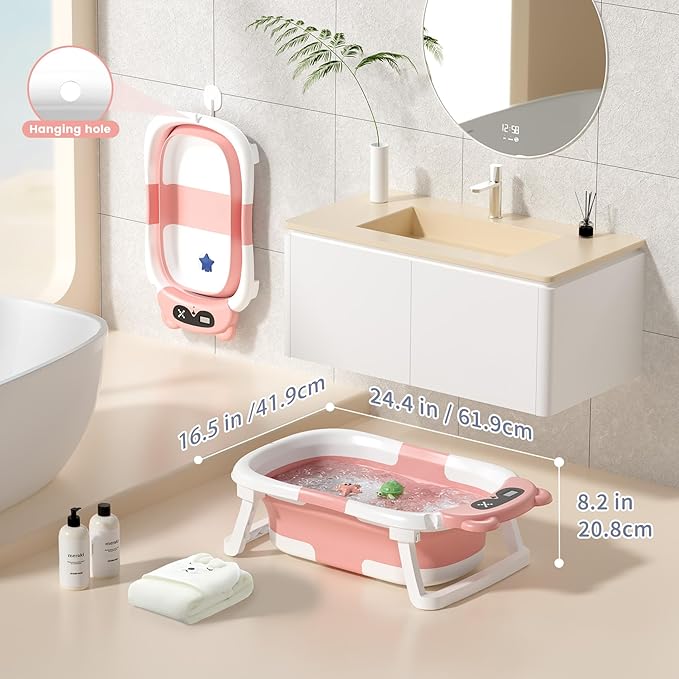 Collapsible Baby Bathtub for Newborn to Toddler (0-18 Month) - Portable Baby Bath Tub for Travel, Newborn Bathtub with Soft Towel and Floating Cushion (Pink)-CubbioJoy