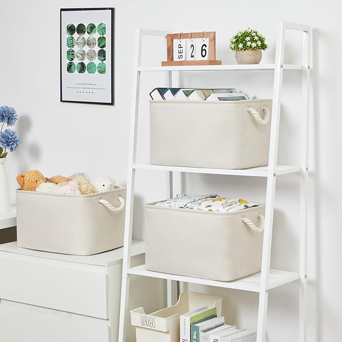 Bidtakay Baskets Collapsible Large Toy Storage Baskets for Organizing Set of 3 Closet Organizer Linen Cream Storage Bins 15 X 11 X 9.5 Inch Shelf Organizer Bins for Nursery Storage (Light Beige)-CubbioJoy