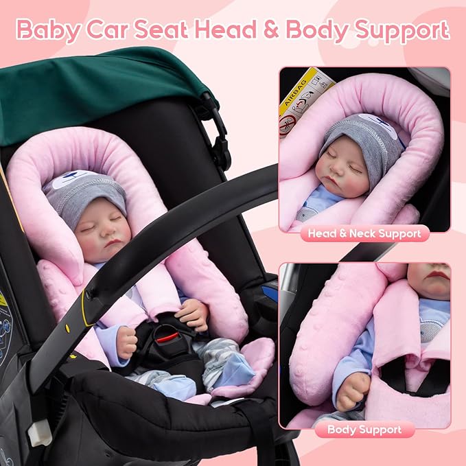 Infant Car Seat Insert with 3 Shoulder & Crocth Covers, Thickened Carseat Head and Body Support for Infant, Reversible Baby Car Seat Cushion for Boys Girls, Soft Mink Dot Newborn Insert for Preemie-CubbioJoy