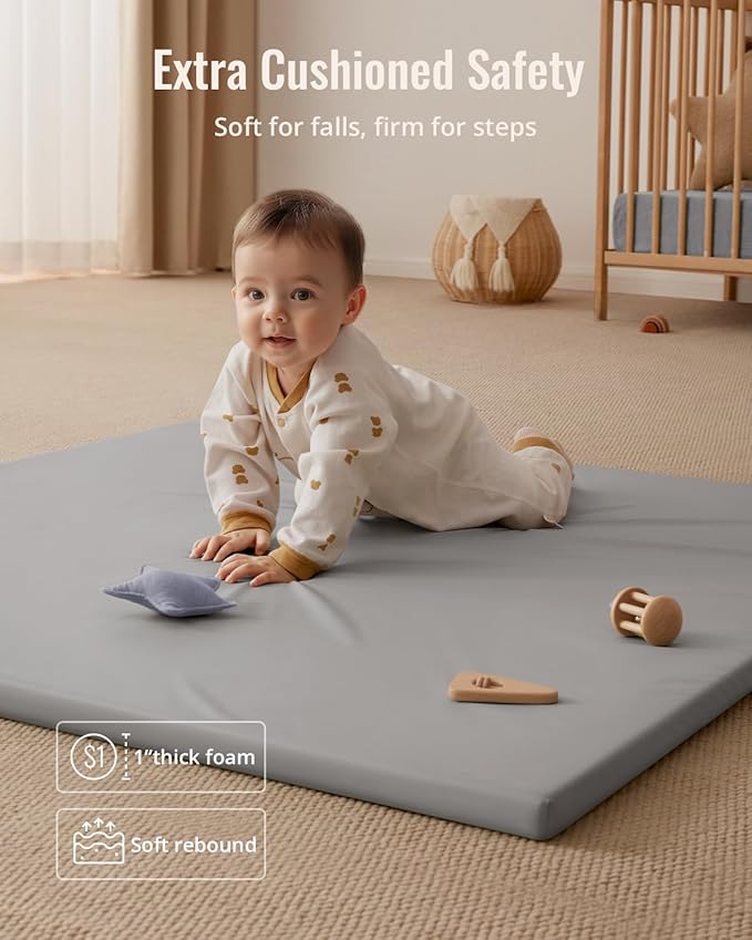 Blissful Diary Vegan Leather Baby Play Mat, 47x47 Thicken Foam Cushioned & Waterproof Playpen Mat for Infants and Toddlers, Stylish and Just Wipe-Clean Playmat for Baby Play on Floor, Light Gray-CubbioJoy