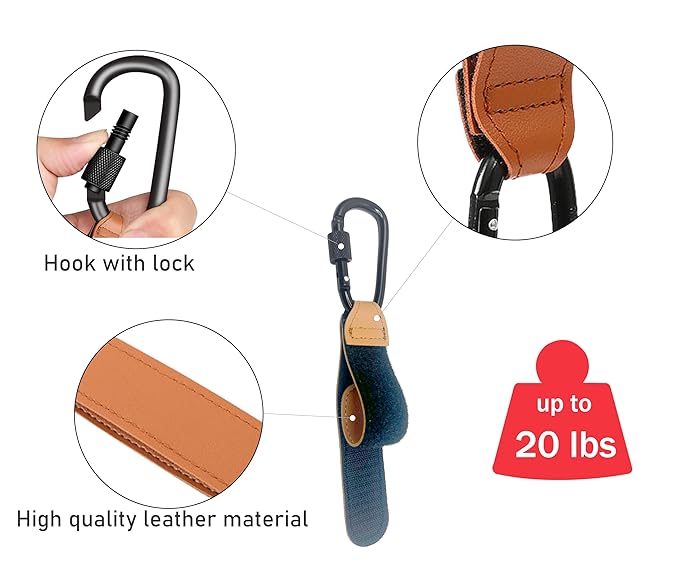 3 Pcs Baby Stroller Hook, Carry 20 lbs per Stroller Carabiner Clip, Adjustable Baby Stroller & Car Seat Hook for Hanging Diaper Bag, Wheelchair, Shopping and Pet Cart(Leather)-CubbioJoy