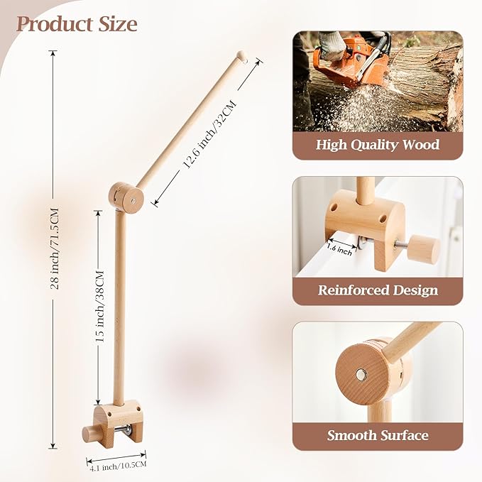 Baby Crib Mobile Arm - Wooden Mobile Arm with Height Adjustable＆360° Rotatable Upgraded Arched Base Nursery Mobile Holder for Crib Mobile Hanger Baby Crib Attachment Nursery Decor-CubbioJoy