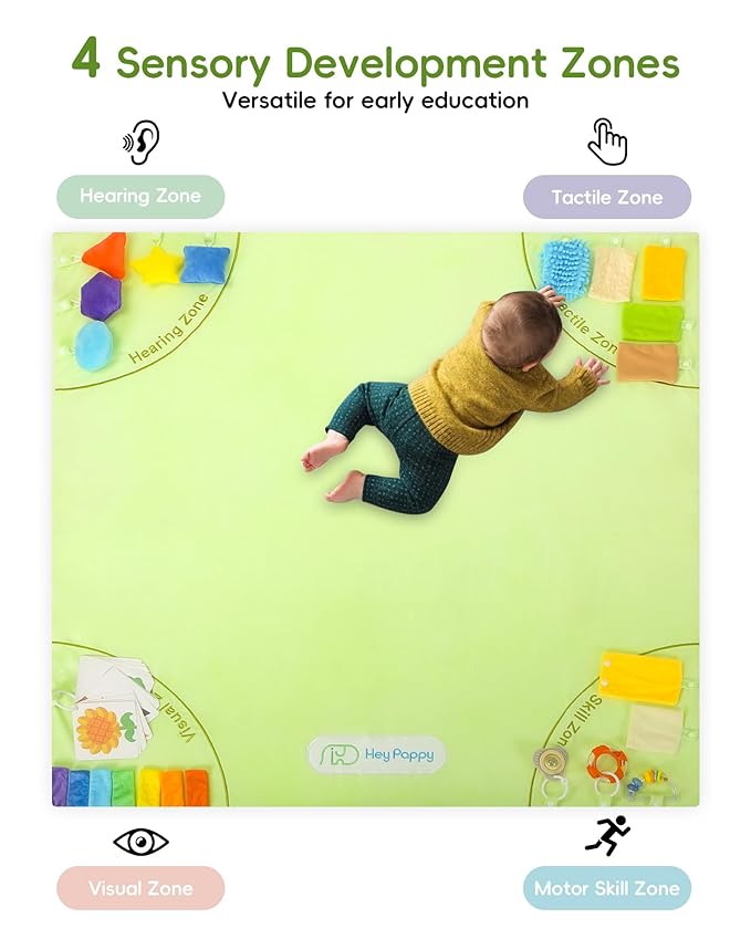 Baby Play Mat, 50''x50'' Playpen Mats with 4 Sensory Development Zones for Motor Skills, Unique Crawling Mats with Non-Slip Cushioned That Fits Nicely into Any Playroom, Green-CubbioJoy