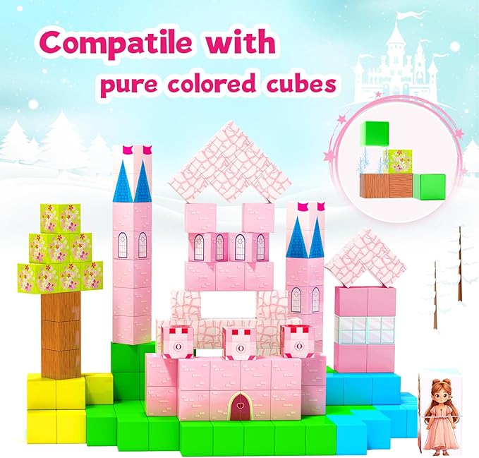 64 Pcs Magnetic Blocks-Princess Castle Collection World,Magnetic Building Blocks for 3+ Year Old Boys & Girls, Creative STEM Sensory Toys,Christmas Birthday Gifts for Kids Ages 3-8-CubbioJoy