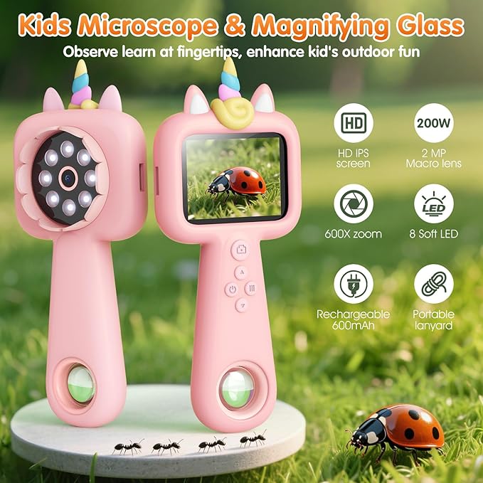 600X Portable Kids Microscope 2.4" Mini Handheld Digital Microscope for Kids - STEM Educational Science Kit Toys for Christmas Birthday Gifts Toys for 3 4 5 6 7 8 9 10 11 12 13 Year Old Girls-CubbioJoy