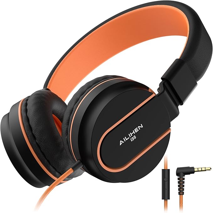 AILIHEN Kids Headphones, I35 On-Ear Headphones for School, Safe Volume 93dB, HD Mic Stereo Headphone for Kid Girls Boys, Foldable 3.5mm Wired for Chromebook, Laptop, Computer, Tablet (Black Orange)-CubbioJoy