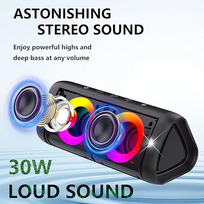 DONOW Portable Bluetooth Speaker with Lights, 30W Stereo Sound, Bass Boost, IPX5 Waterproof, 20H Playtime, Built-in Mic, Speakers Bluetooth Wireless for Home, Party, Outdoor, Travel(Black)-CubbioJoy