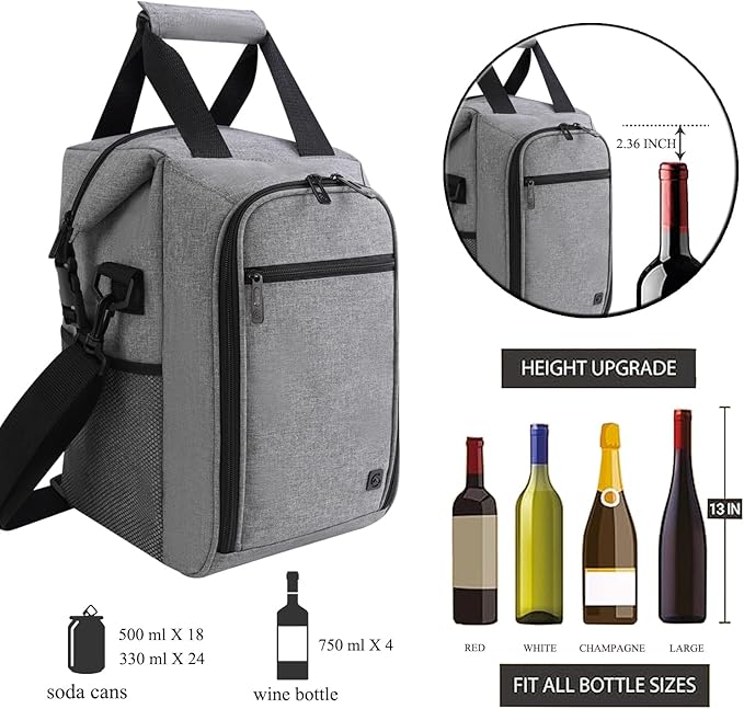 ALLCAMP 4 Bottle Wine Gift Bag - Insulated Tote Cooler, Adjustable Strap, Includes 4 Wine Glasses, Napkins & Corkscrew, Portable Travel Gifting(Gray)-CubbioJoy
