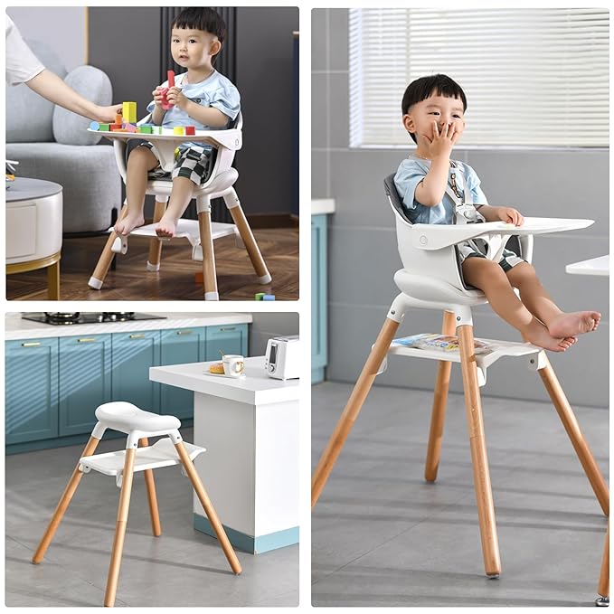 Baby High Chair, 6 in 1 Wooden Convertible High Chairs for Babies and Toddlers, Booster Seat with Double Tray & Reversible Footrest Baby Highchair, 5-Point Harness Baby Feeding Chair, Grey-CubbioJoy