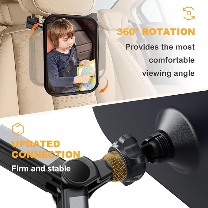 Baby Car Mirror for Rear Facing Seat - Clear View, Upgraded Hook Clip Design, 360 Rotation, Wide Crystal View, Shatterproof Crash Tested and Certified-CubbioJoy