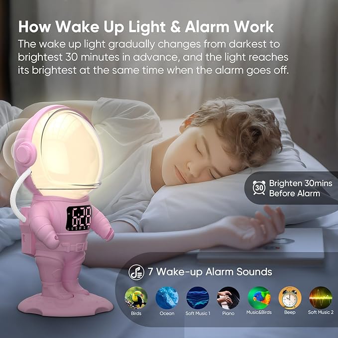 Astronaut Sunrise Alarm Clock for Kids, White Noise Sound Machine with 30 Soothing Sounds, 22 Dimmable Nightlights, Bluetooth Speaker, Dual Digital Alarm Clocks, Wake Up Light for Bedroom, Adults-CubbioJoy